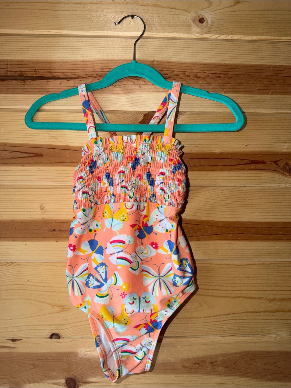 Cat & Jack Peach Multicolor Smocked Swimsuit with Teal Straps